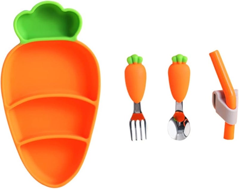 Silicone Carrot Shaped Baby Plate Set with Spoon Fork Straw High Temperature Resistant Feeding Utensils - Image 1